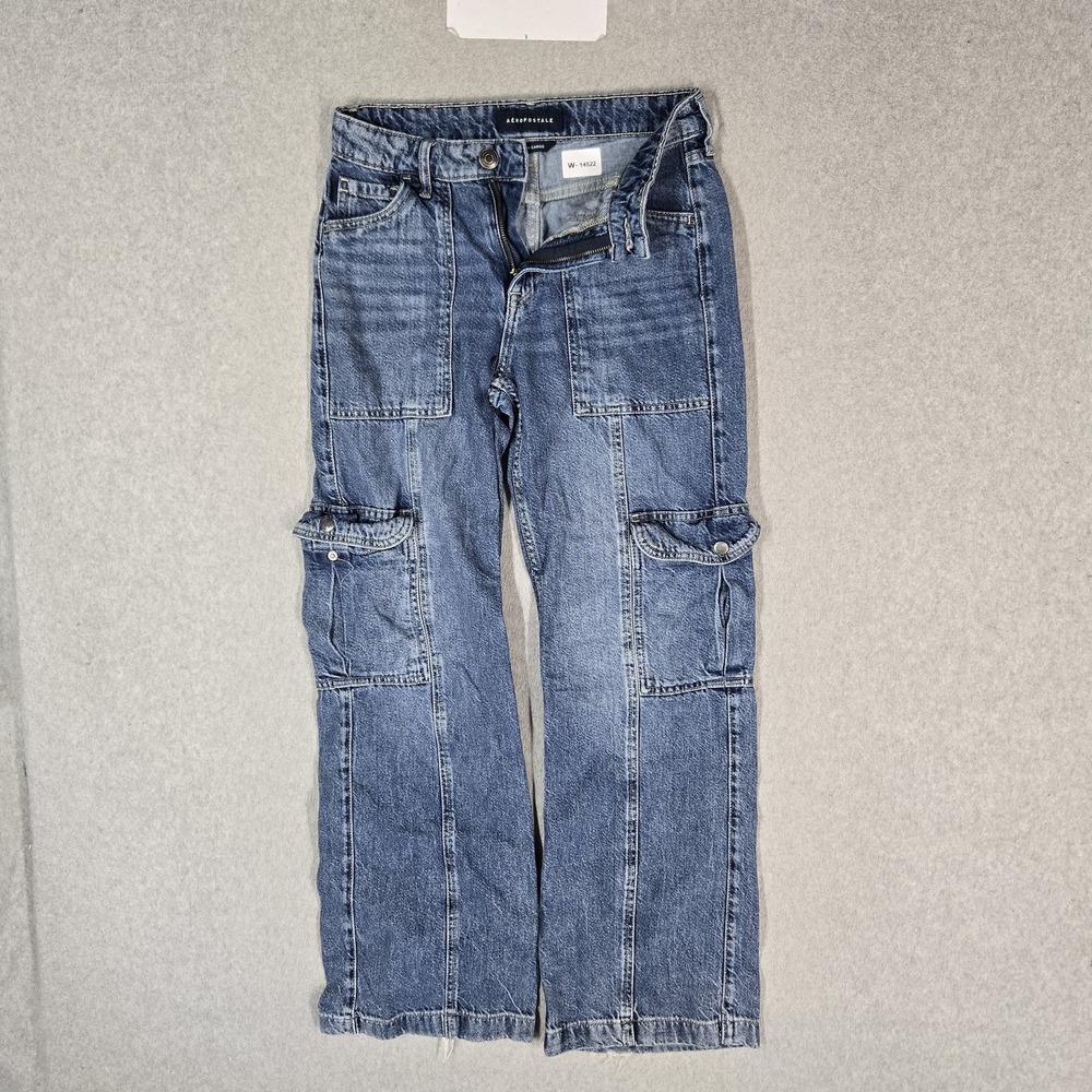 Aeropostale Women Jeans 0‎ Blue Denim Cargo Utility Grunge Y2K Skater Baggy